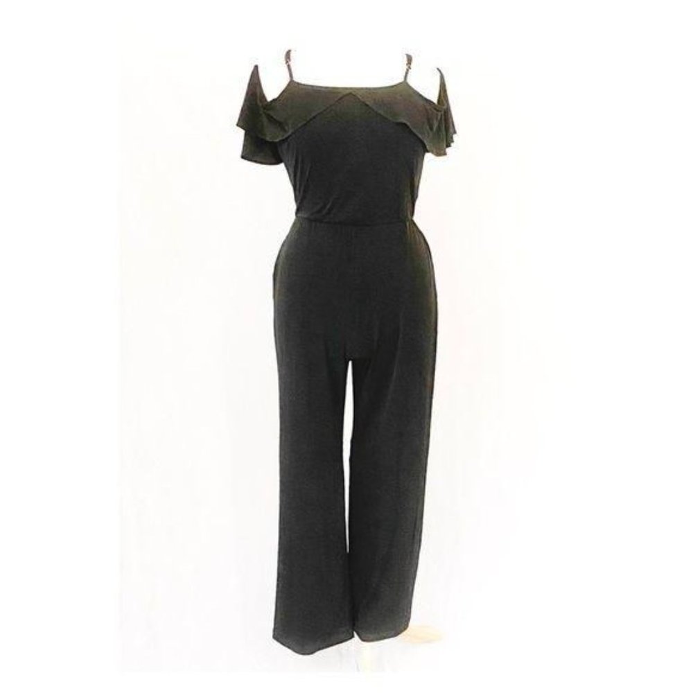 Beige by ECI Ruffle Cold Shoulder Black Jersey Knit Jumpsuit - Picture 3 of 12